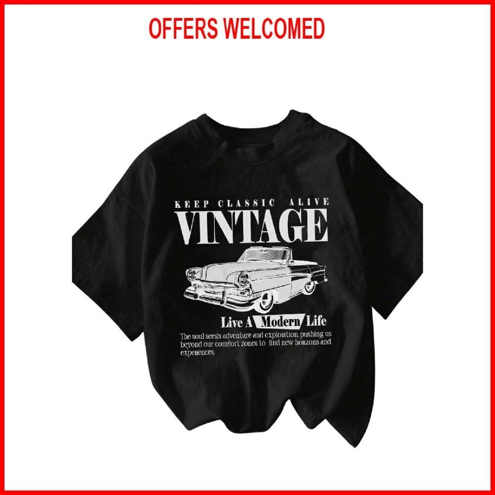 Vintage Car Print Drop Shoulder Graphic Tee, Polyester Summer T-Shirt
